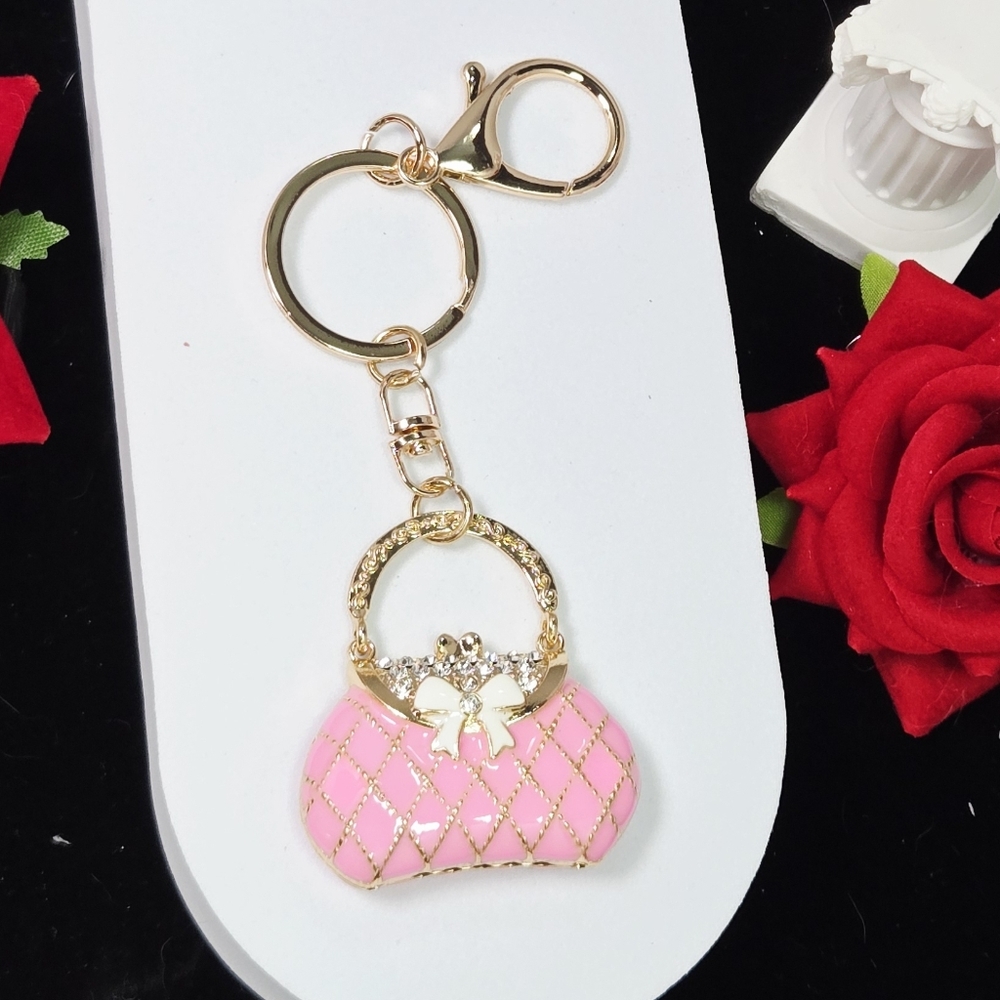 Pink Quilted Purse Rhinestone Keychain Gold Bag Charm w/ Bow Puffy Keyring Clip - Picture 10 of 12